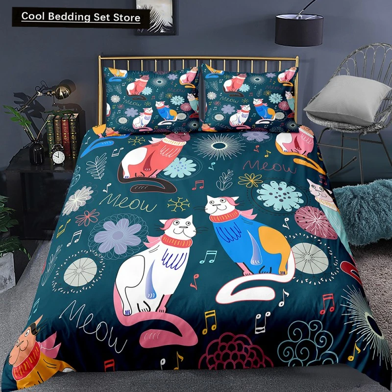 

Cat Flowers King Queen Duvet Cover Cartoon Kitty Floral Bedding Set for Kids Lovely Animals Black 2/3pcs Polyester Quilt Cover