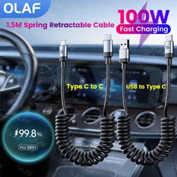 100W USB Type C To Type C Cable For iPhone 16 15 Pro 5A USB To Type C Spring Cable For Xiaomi Samsung Fast Charging Car Cable