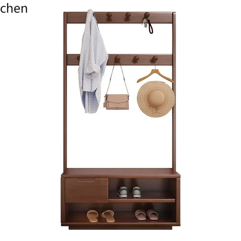 q-4 -Solid Wood Coat Rack, Floor-standing Bedroom Clothes Rack with Drawers and Storage Shelf