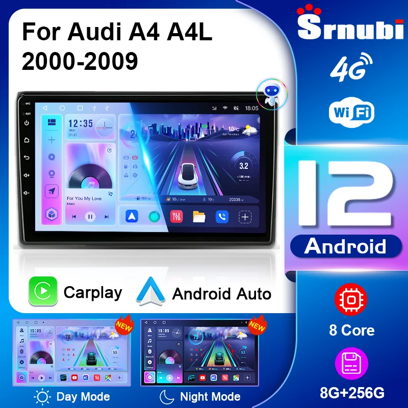 

Srnubi 2 Din Android 12 Автомагнітола для Audi A4 A4L S4 RS4 2000-2009 Мультимедійний плеєр Стерео GPS 4G Carplay Авто головний пристрій Аудіо