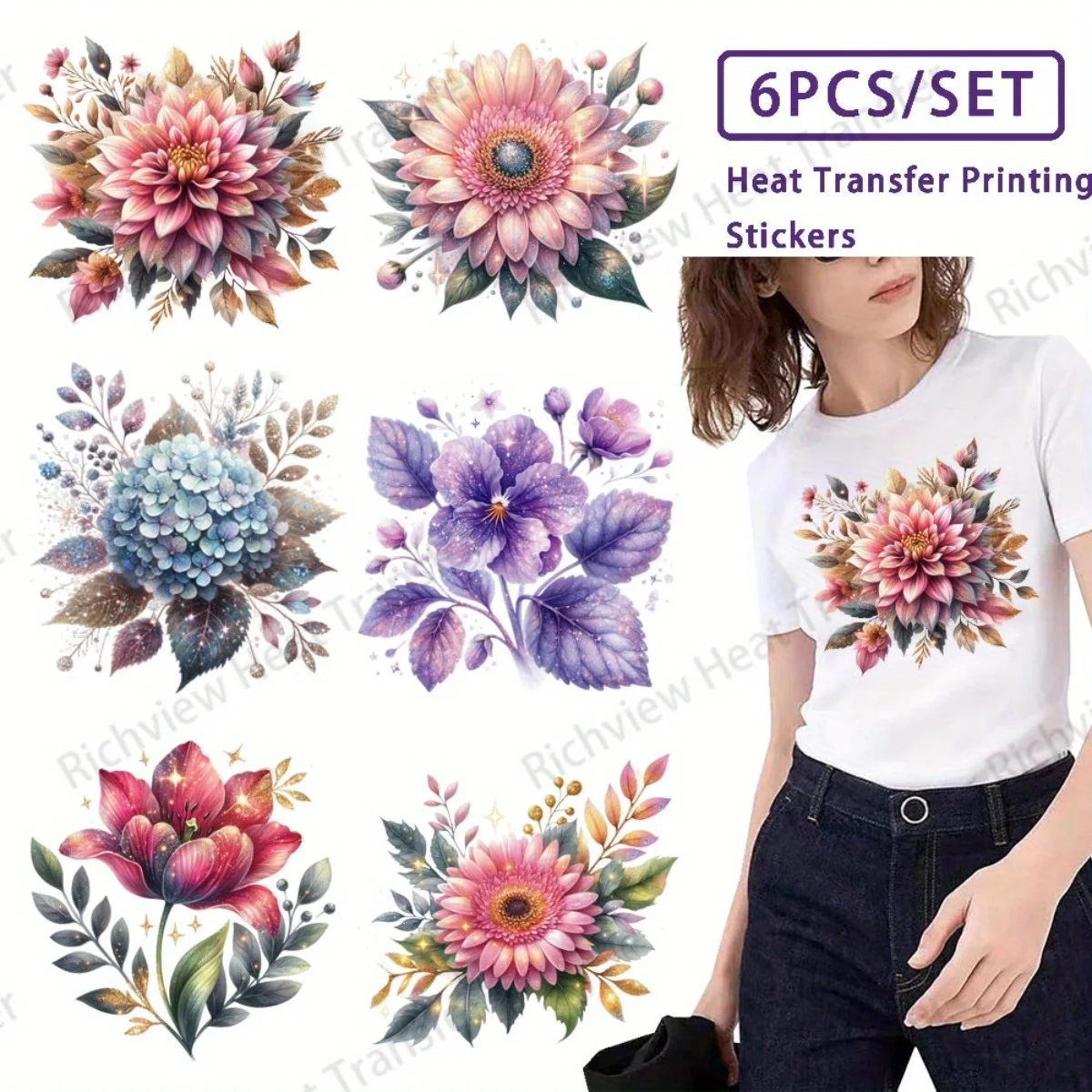 

6 PCS Multi colored flower style Iron on Transfers for T-Shirts, Heat Transfer Vinyl, Iron on Patches Sticker