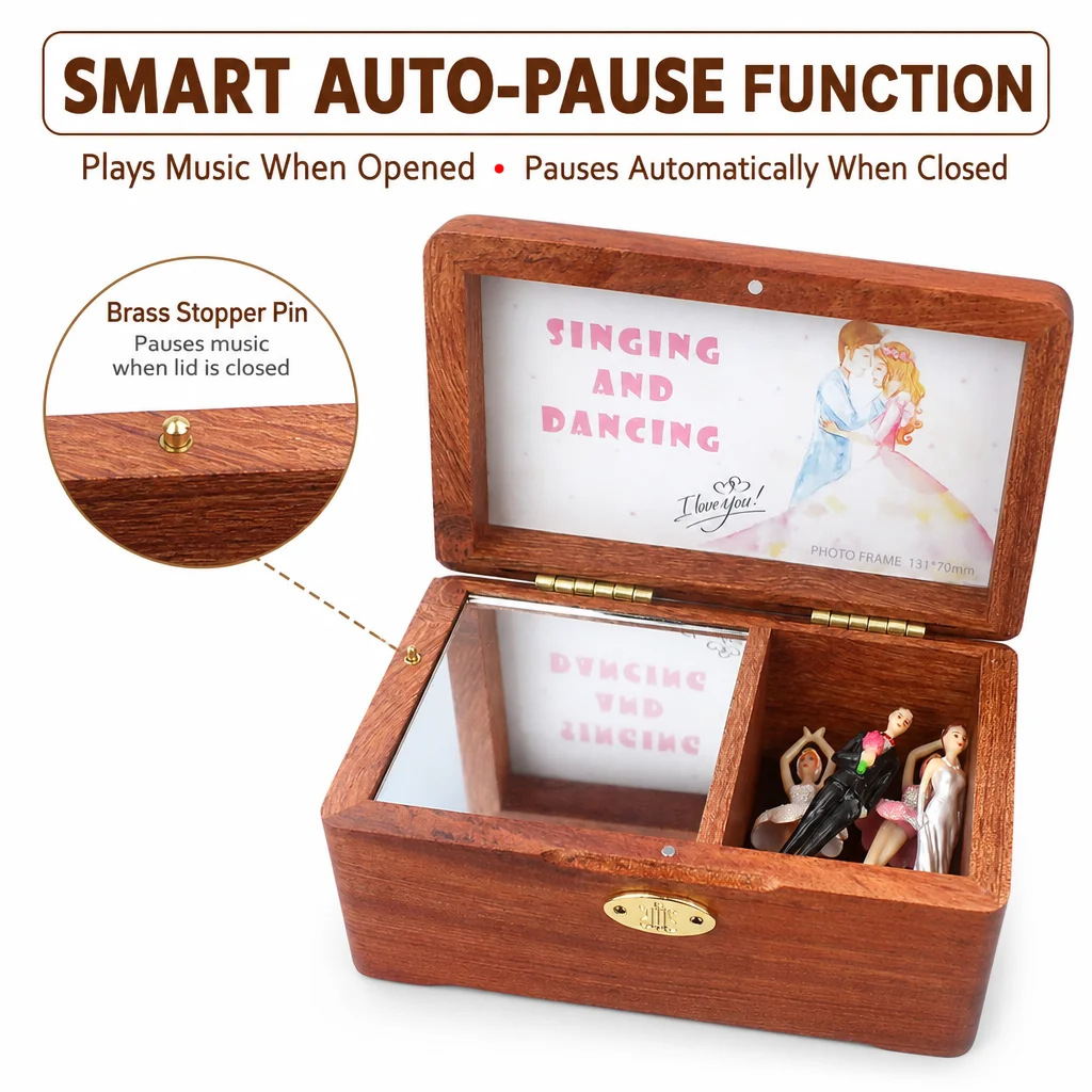 Dancing Music Box Wooden Jewelry Box with Photo Frame Mirror, Custom Engraved Anniversary Gift for Her Girlfriend Wife Mom