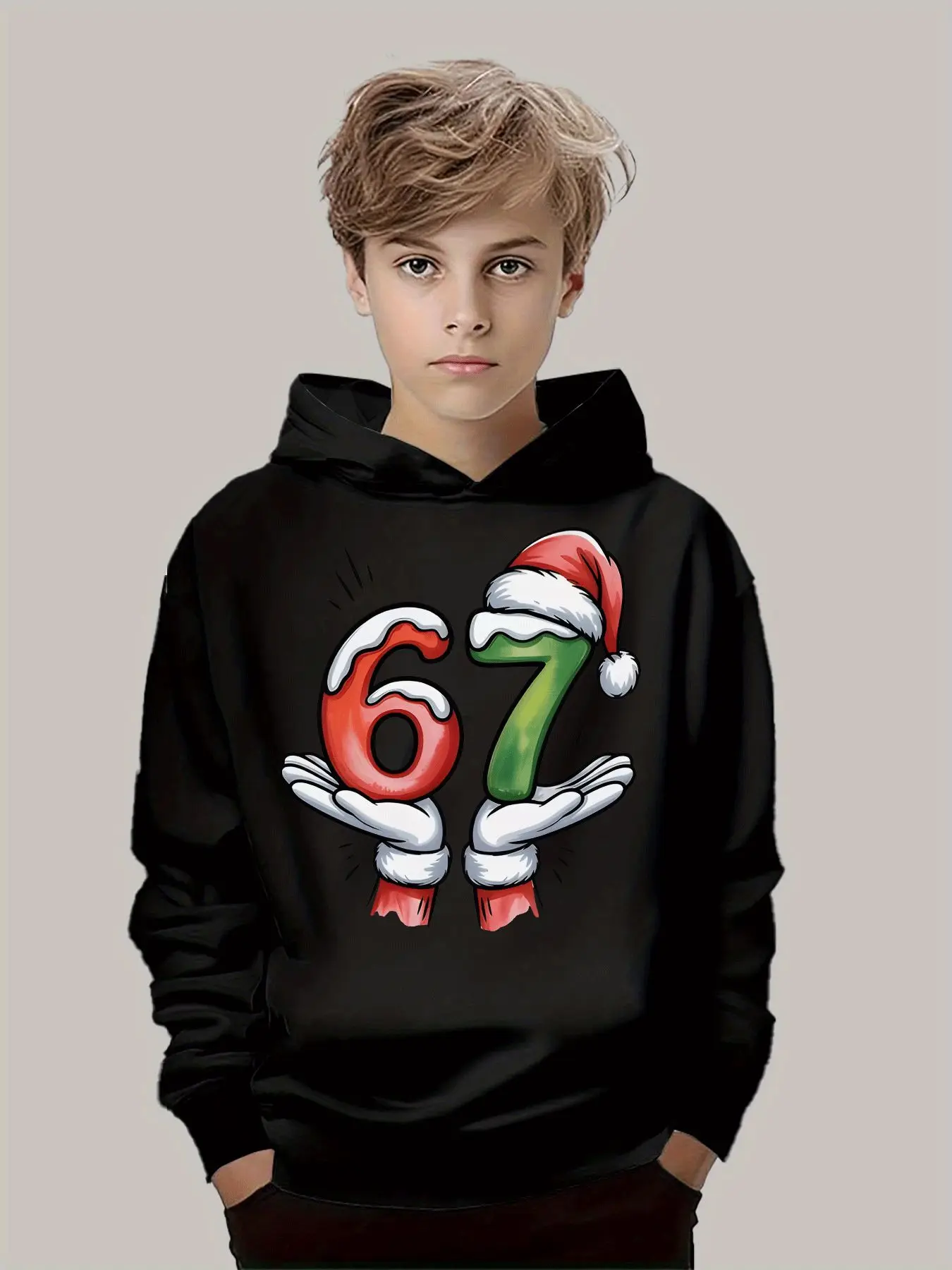 

Футболка для мальчиков, повседневная толстовка с капюшоном для взрослых, пуловер, топ, детский и мужской подарок, хлопковая футболка, спортивная толстовка с номером 67, рождественская шляпа Санта-Клауса, модная