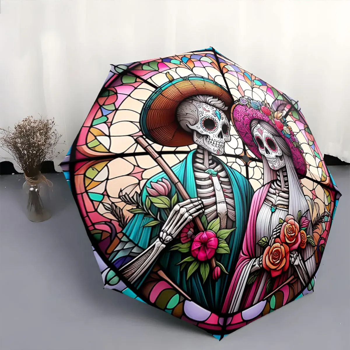 Skull Couple in Vibrant Stained Glass Art Design portable waterproof sun rain umbrella for outdoor travel beach