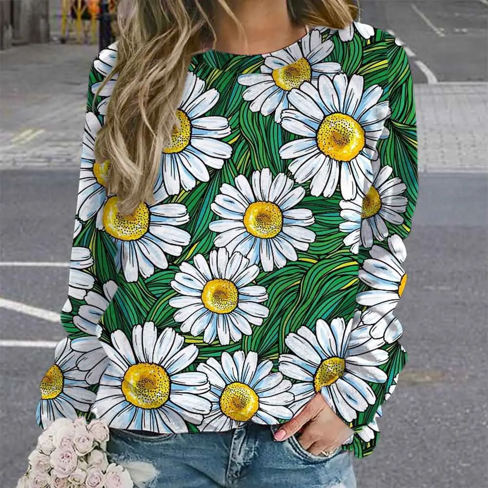 Colorful Daisy Sweatshirts Floral Flower 3D Print Autumn Women Hoodies Long Sleeve Y2k Oversized Pullovers Tops Female Clothing