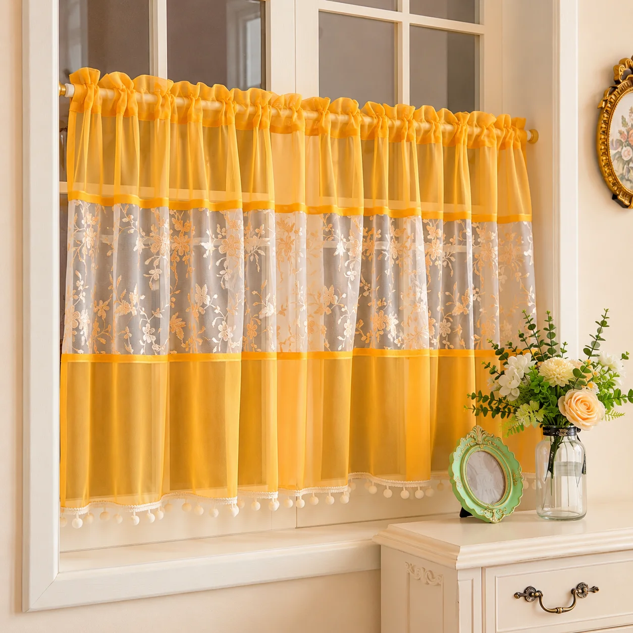 ستارة شفافة بيضاء بزخارف برتقا - مراجعة Embroidery Kitchen وسعره