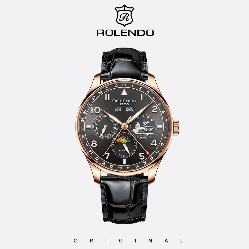 ROLENDO Luxury Man Auto Mechanical Watch Rose Gold Moon Phase Date Week Display Waterproof Dress Watch For Business Men 2026