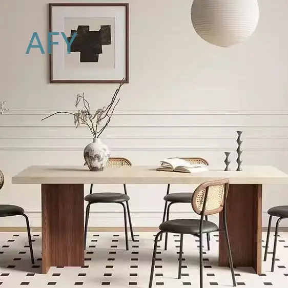 French Vintage Style Solid Wood Plywood Dining Table with Travertine Stone Top for Modern Minimalist Rectangular Large Space