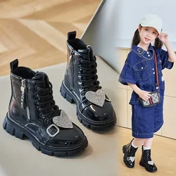 2024 Children Ankle Boots with Love Rhinestones Buckle Glossy Cool Girls Boots Elegant Kids Shoes Versatile Soft Non-slip Chic