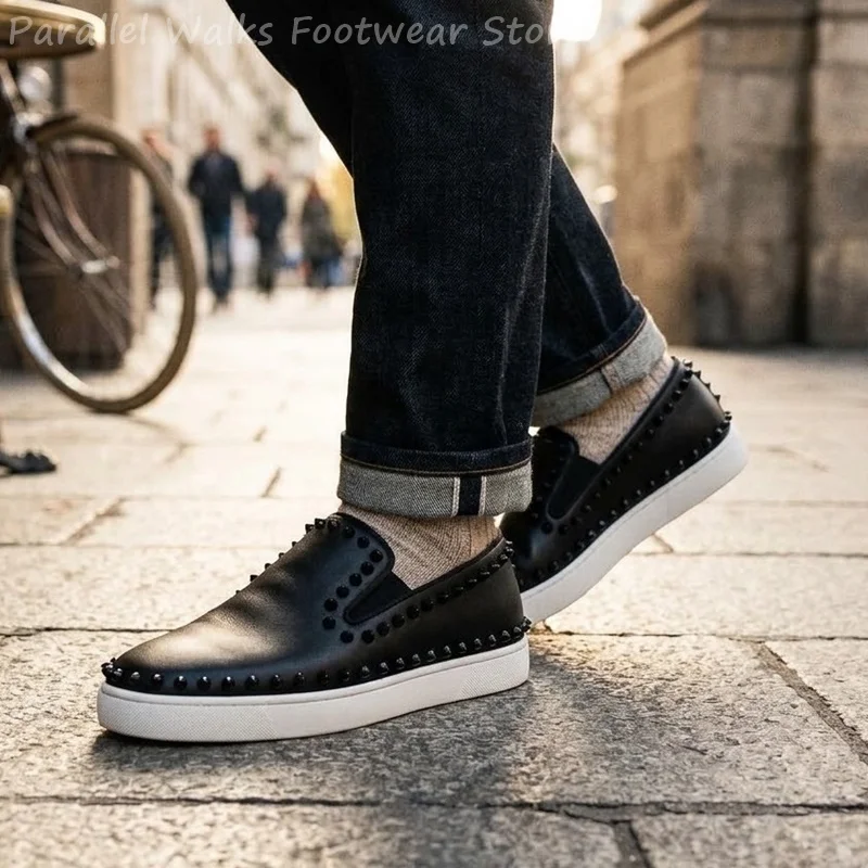 Mens Black Studded Slip On Loafers Punk Flat Platform Casual Shoes Party Club Prom Low Top Driving Moccasins Walking Plimsolls