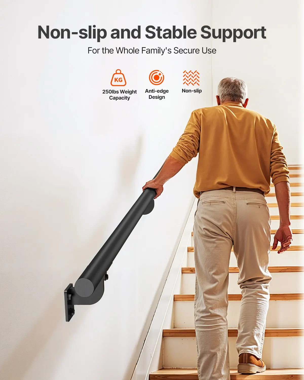 

6ft Wall Mounted Stair Handrail Black Aluminum Indoor Outdoor Railing