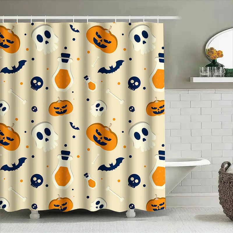 

1PCHэллоуин Череп Летучая Мышь Занавеска Для Душа Жуткий Милый Декор Для Ванной Комнаты Темно-Серый Белый Узор Дизайн