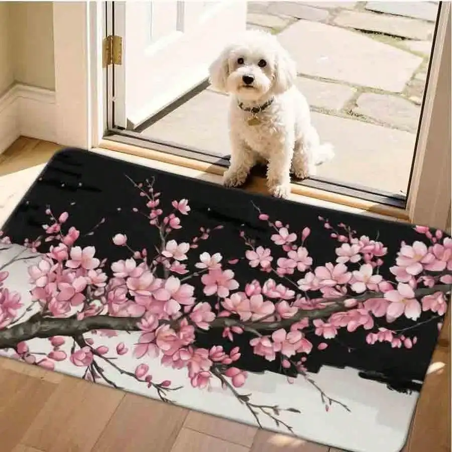 1pc Flannel Floor MatElegant Cherry Blossom Floral Print Non-Slip Area Rug For Home DecorNon-Slip, Machine Washable, Soft Area Rug For Home Living Room Bedroom