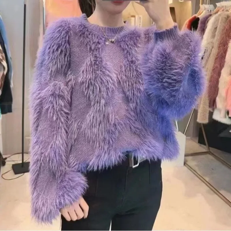 Fur Purple Fluffy Top Autumn Winter 2023 Loose Knitted Sweaters Women Long Sleeve Spring Tops Elegant Jumpers Knit Pullovers