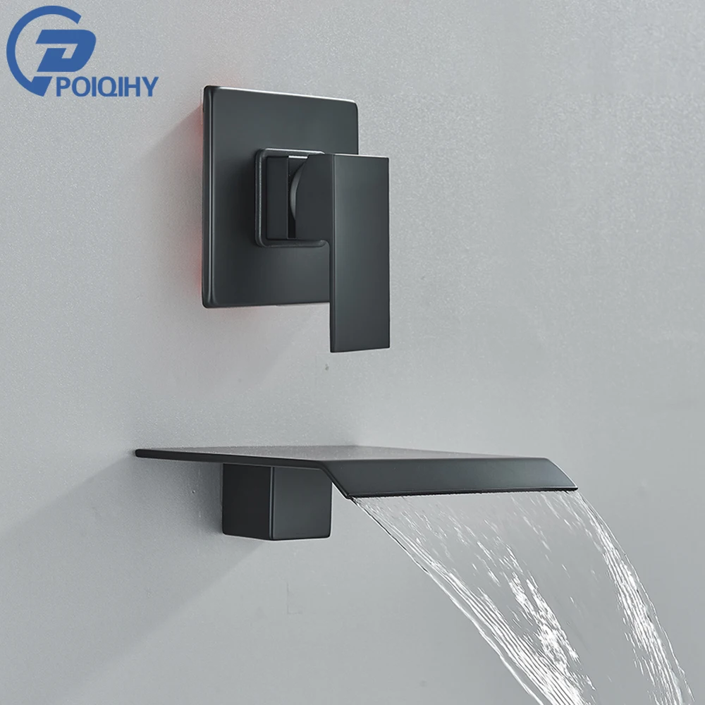 POIQIHY Mattschwarzer Waschbecken-Wasserhahn, Badezimmer, Waschbecken, Waschbecken, Wasserhahn, Wasserfall-Auslauf, Badewannen-Wasserhahn, verdeckter goldener Bade-Duschhahn