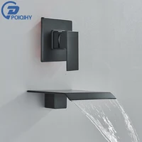 POIQIHY-grifo de lavabo negro mate, grifo de lavabo de baño, caño de cascada, grifo de bañera, grifo de ducha de baño dorado oculto