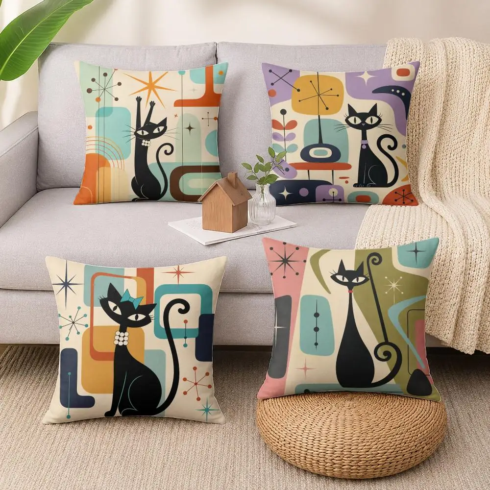 Mid Century Modern Atomic Cat Cushion Cover Soft Short Plush Pillow Cases Hidden Zipper Cutecore Sofa Bedroom Home Decor Gift