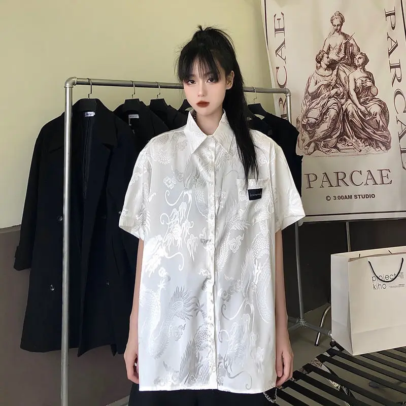 Japanese Fashion Short Sleeve Button Up Shirt Chain Blouse for Women Ladies Korean Clothes Chinese Dragon Embroidery Clothing