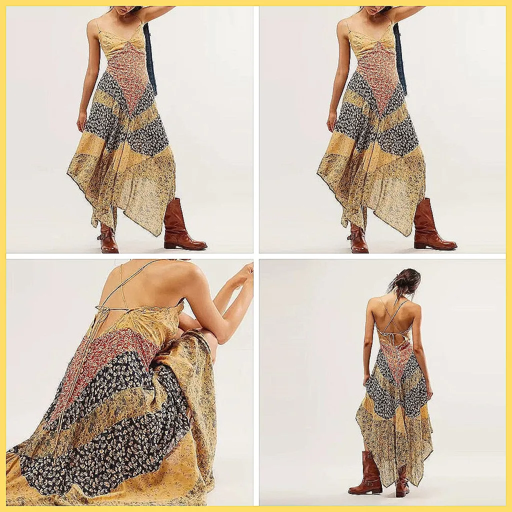 Vintage Backless V-Neck Sleeveless Long Dress, Elegant Pleated Print Party Dress for Women