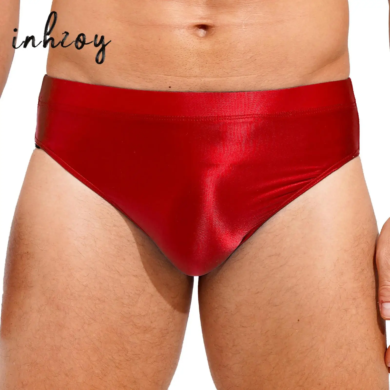 Men Glossy Panties Underwear Sexy Oil Silk Smooth High Waist Briefs Bikini Swimsuit Nightclub Lingerie Underpants Swimwear