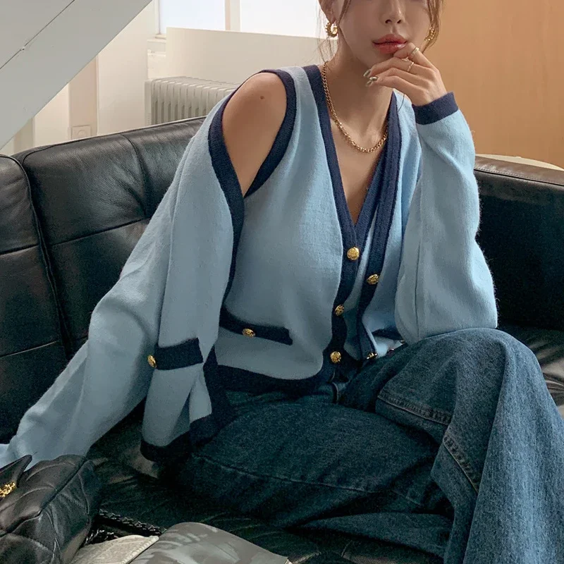 Maglione Set da due pezzi Elegante nuovo cappotto cardigan con scollo a V a maniche lunghe lavorato a maglia primaverile di alta qualità + top corto sexy a canotta corta