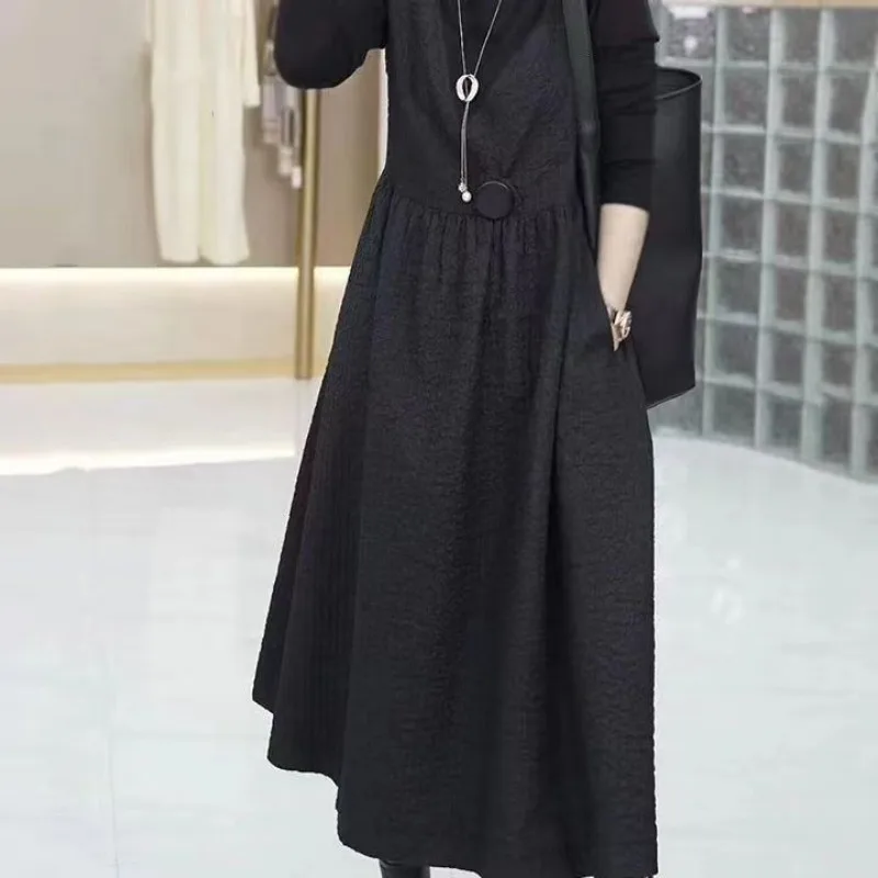 High-end jacquard falso vestido de duas peças outono novo botão de manga comprida temperamento saia de emenda fina