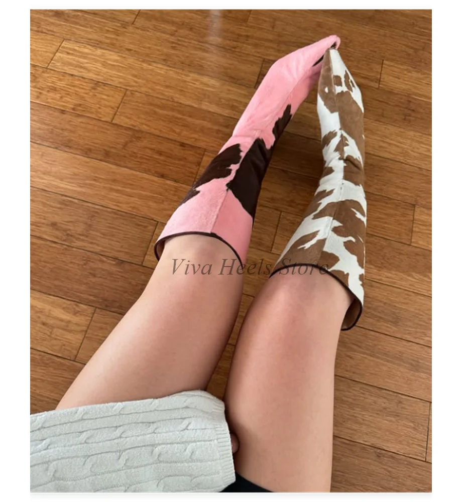 

Розовые сапоги до колена из конского волоса с коровьим принтом, женские коричневые сапоги с острым носком, длинные сапоги на высоком каблуке, роскошные дизайнерские туфли для вечеринок