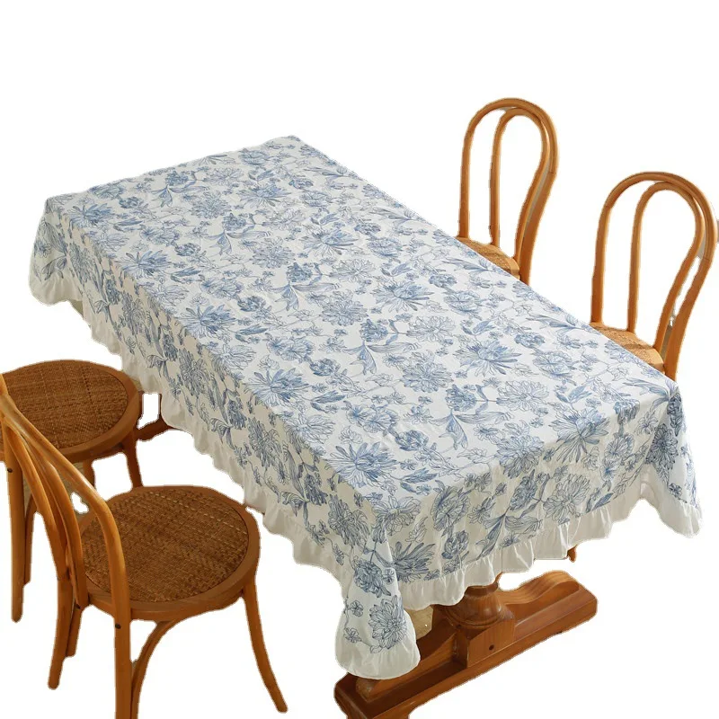 Pano de mesa de babados bordado algodão francês, porcelana azul e branca, saia impermeável e à prova de óleo, doce decoração de mesa