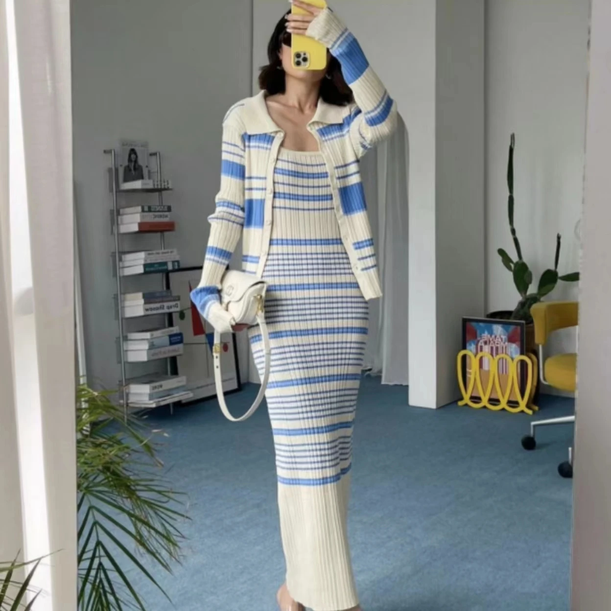 New Knitted Striped Dress Set Women Long Sleeve Cardigan + Long Sling Bodycon Dresses Two Piece Sets Womens Outfits Knitted Suit