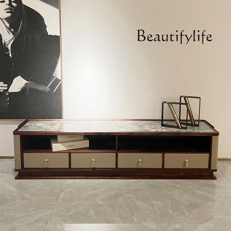 N36 Ebony wood, solid wood TV cabinet, new Chinese-style simple high-end villa design, living room light luxury rock slab
