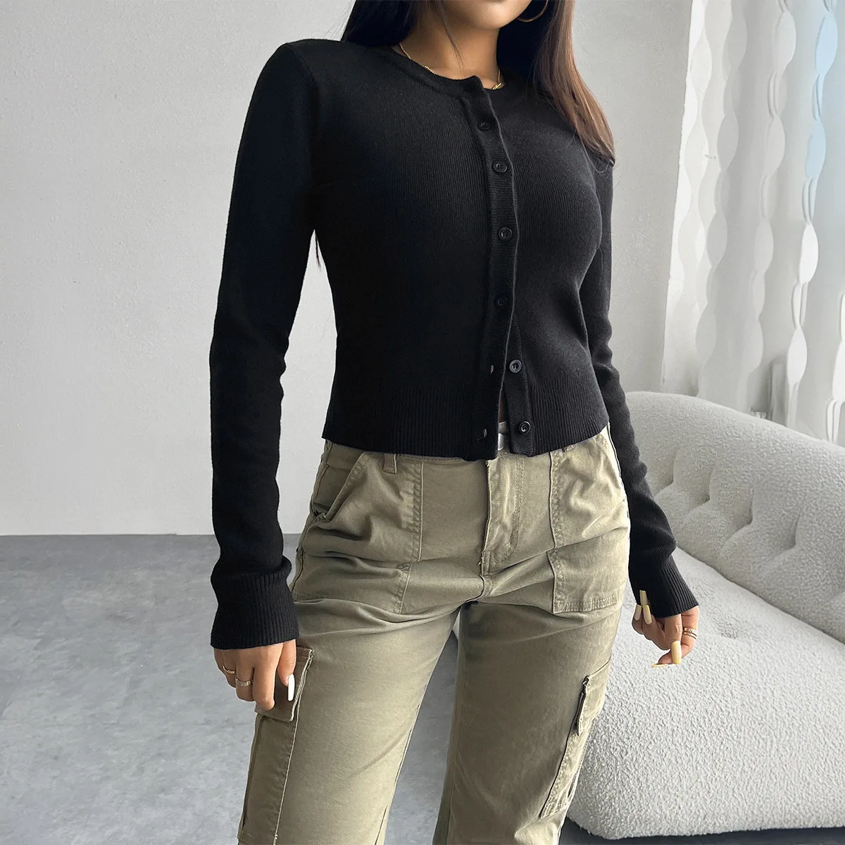 2025 Autunno e inverno Top Temperamento da donna Slim-fit Cardigan petto maglione a maniche lunghe