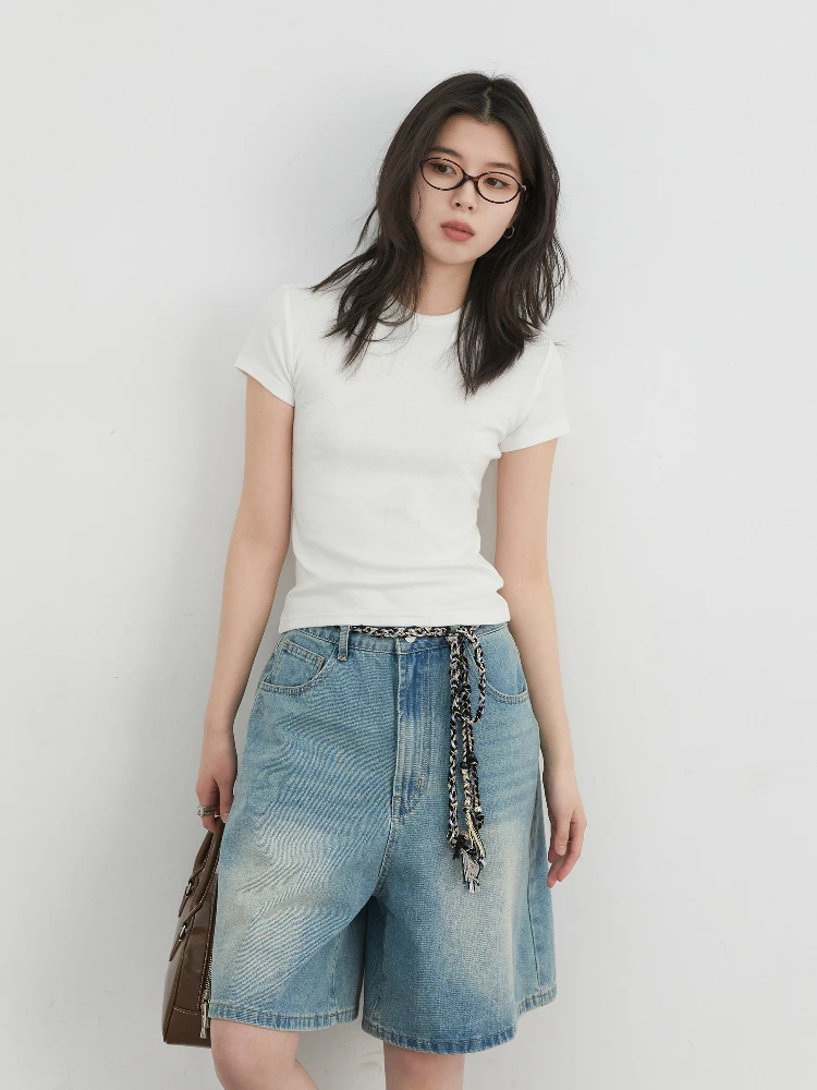 CHIC VEN Korean Women T-Shirts Loose Casual Solid Round Neck Slim Fit Short Sleeved Tees Female Top Summer 2025 Clothing