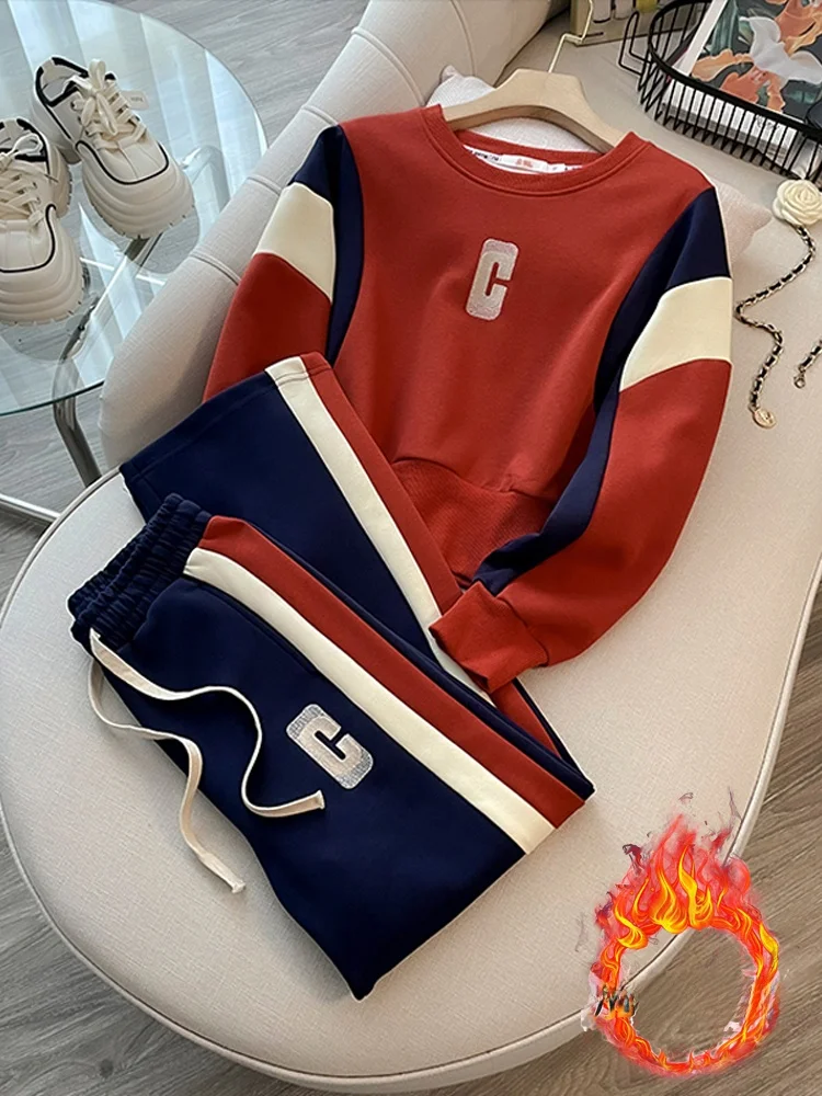 

ort round Ne Sweatirt Sportswear Set Women Autumn Winter Loose Fce Embroidered Casual Wide Leg Pants Two Piece Set