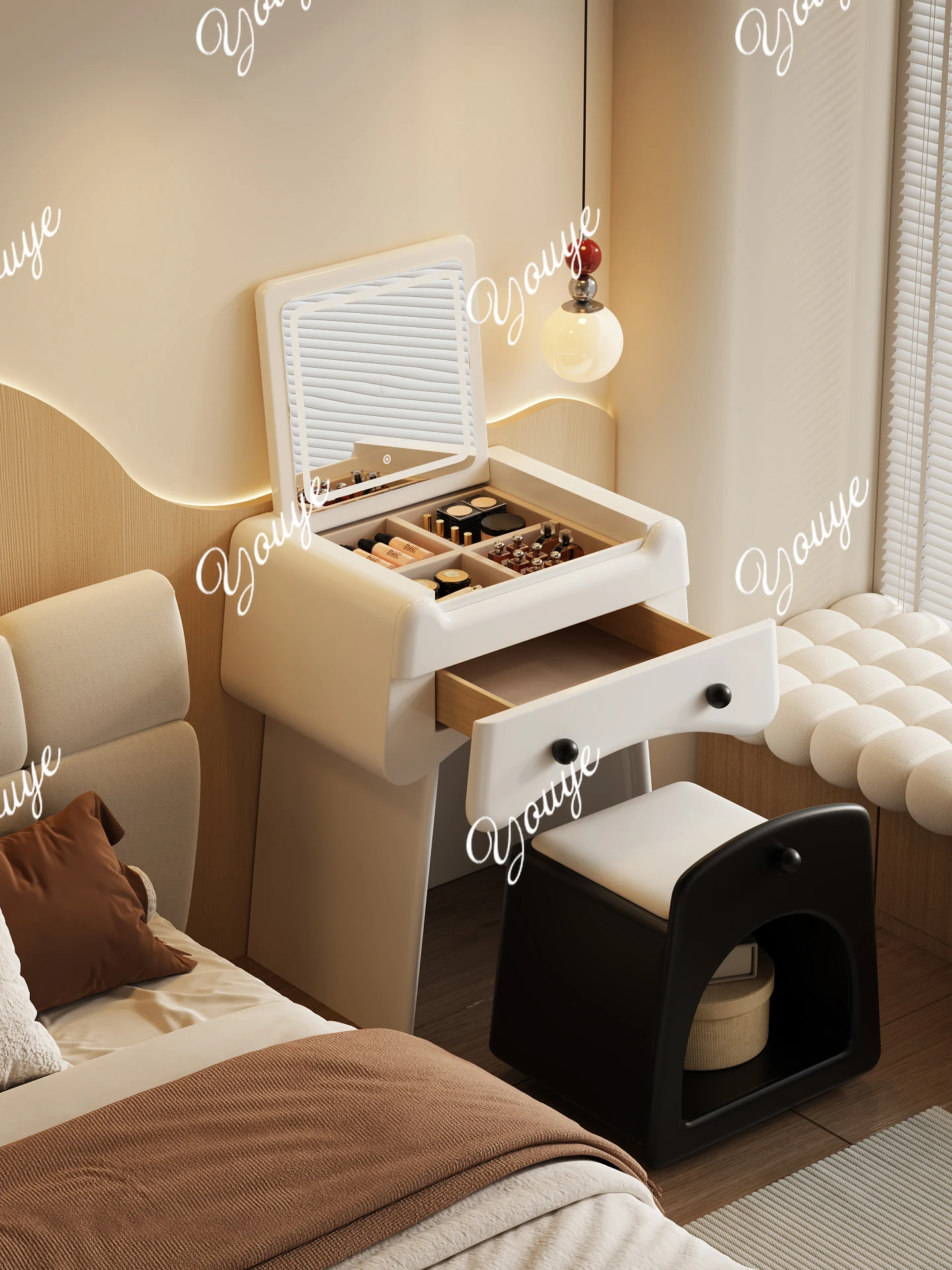 

Cream wind flip dresser bedside table simple small apartment bedroom bedside cosmetic cabinet with stool drawer