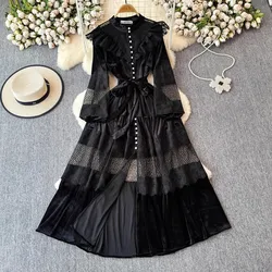 M-5XL 2024 Runway Autumn Winter Party Long Dress Women Single Breasted Lace Splicing Velvet Hollow Out Ruffles Loose Belt Dress