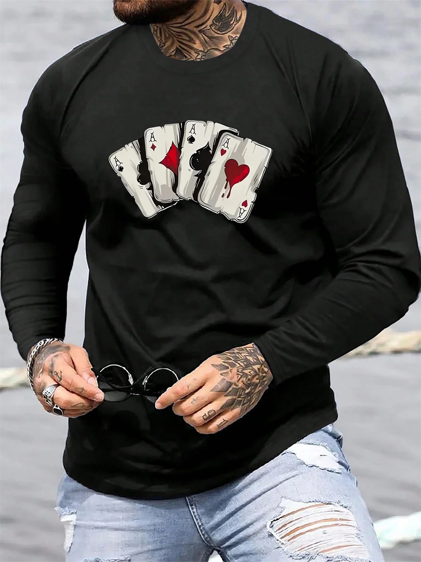 

Men's 100% pure cotton loose and comfortable casual sports poker card pattern printed round neck long sleeved T-shirt top