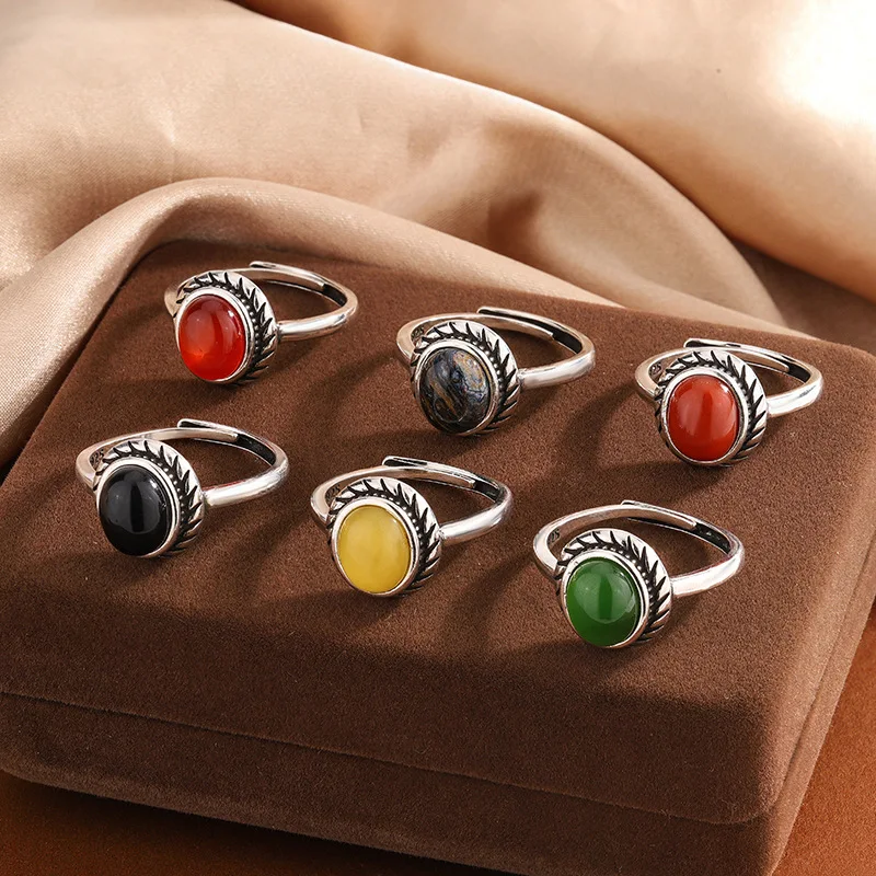 S925 Silver Threaded Flower Red Agate And Jasper Adjustable , Vintage Versatile Universal Ring