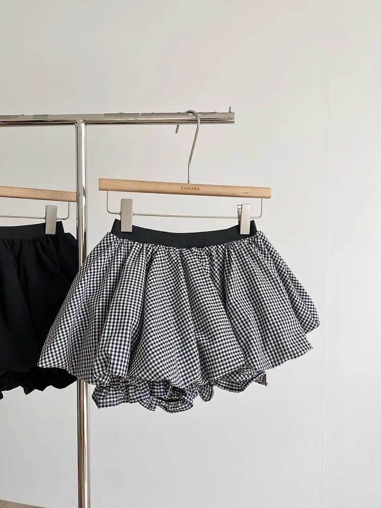 Spring Ultra Cute MIU Series Retro Plaid Puffy Flower Bud Short Skirt Women's plus Size Sweet Spicy High Waist A-Line  Skirt