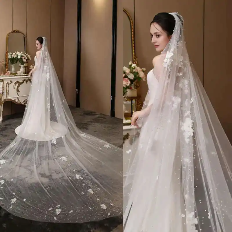 

Elegant 3 Meters Floral Appliques Wedding Veil Cathedral Beaded Pearls Bride Veil One Layer Customized Wedding Accessories