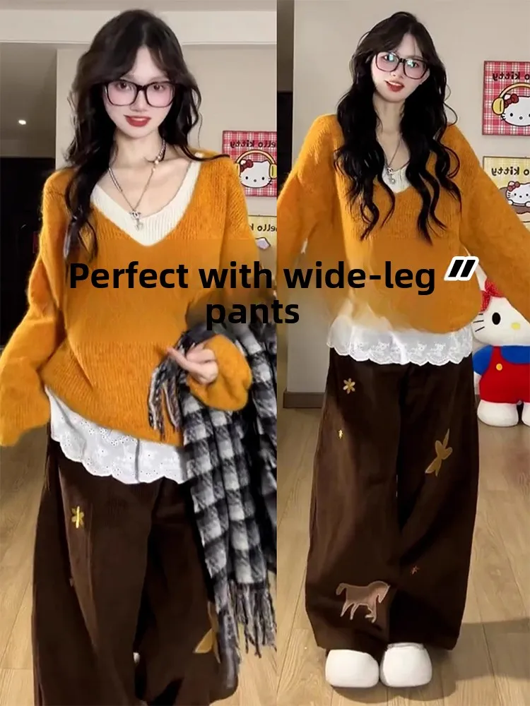 

Korean Style Orange Knitted Sweater Women's Autumn Winter Fashion High Quality Inner Wear Base Top Spring Season Fake Two-Piece