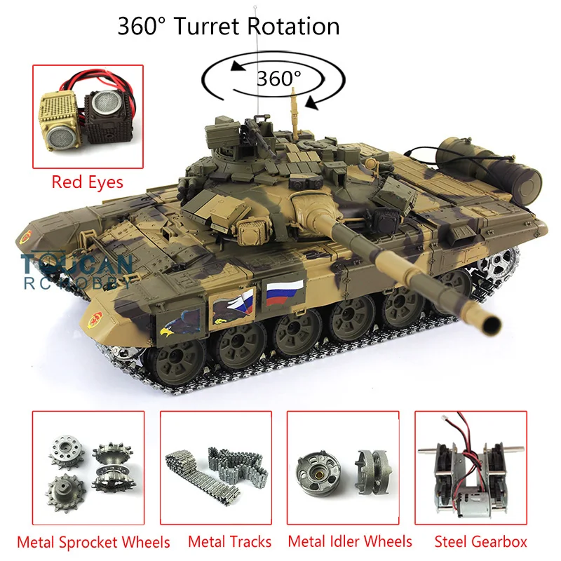 HENG LONG 1/16 7.0 Upgraded Russia T90 RTR RC Tank 3938 W/ 360° Turret Red Eyes Remote Control Car TH17848-SMT4