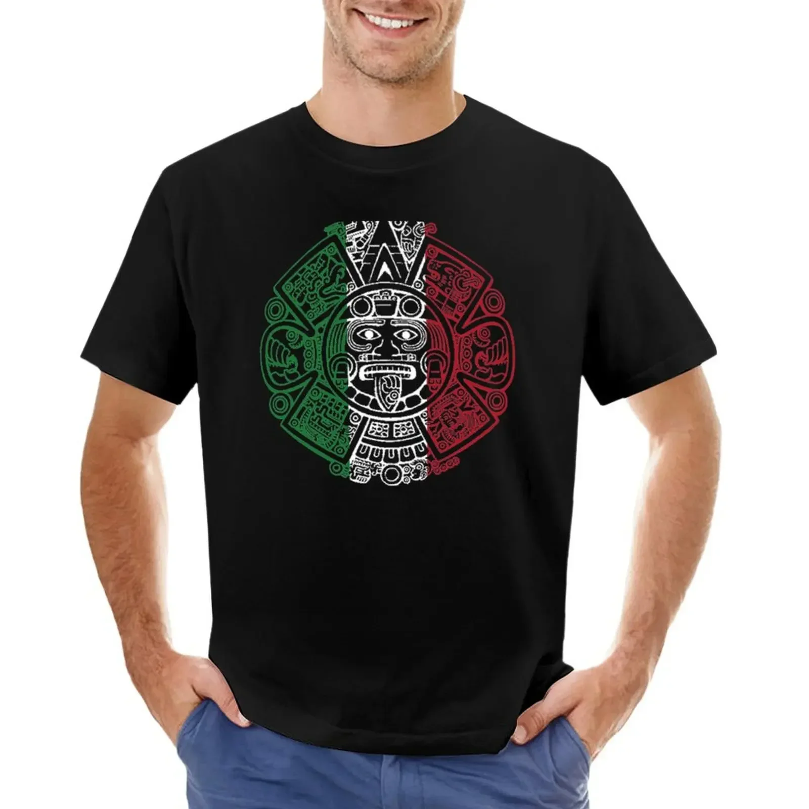 

Short Sleeve Heavyweight Aztec Mexican Flag Calendar Chicano Art Aesthetic clothing boys whites customizeds mens plain t shirts