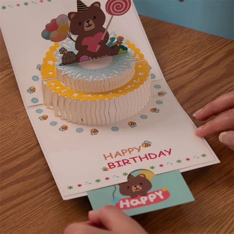 

3D Cartoon Bear Cake Pop Up Birthday Card Gift Greeting Cards for Kids Wife Husband Baby Shower