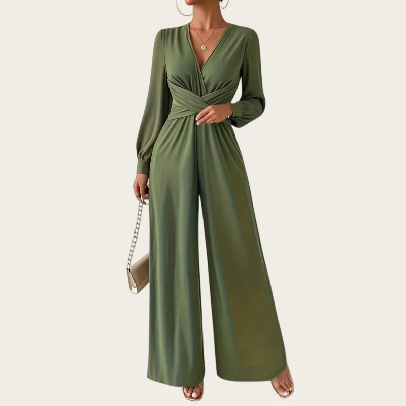 

Elegant Long Sleeve V-Neck Cross Waist Jumpsuit Women's High Waist Long Pants Suit Casual Fashion Set for Elderly Ladies
