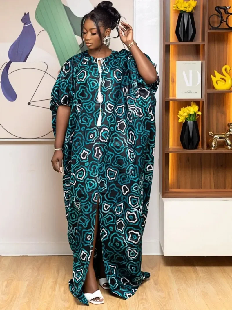 أنيقة الخامس الرقبة فستان فضفاض بسيط المرأة 2025 الربيع الصيف عطلة الطباعة المرقعة فستان ماكسي عادية