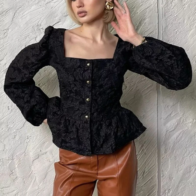 

French High-end Jacquard Shirt for Spring Autumn New Commuter Style Square Neck Bubble Sleeves Women's Shirt Clothes Top