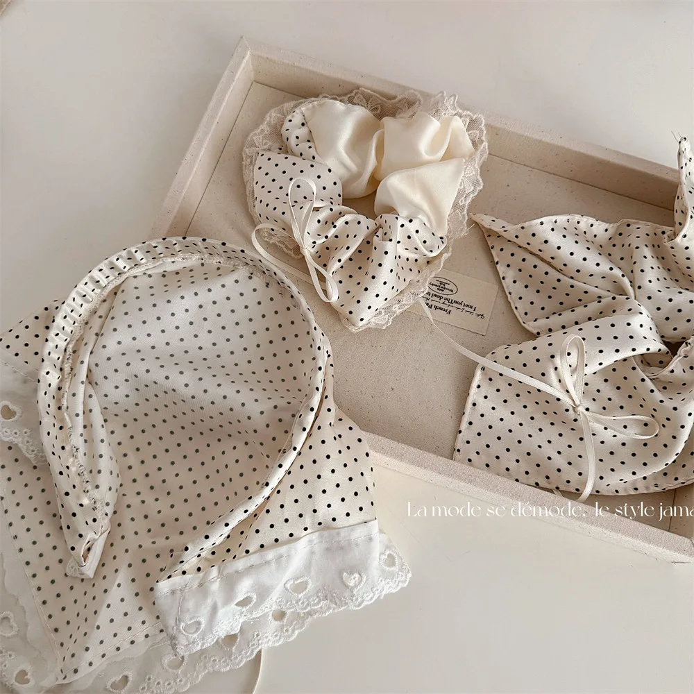 Cream Sweet Polka Dot Lace Scarf Scrunchies Forest Gentle Hair Ties French Ruffled Vintage Style Ponytail Holder