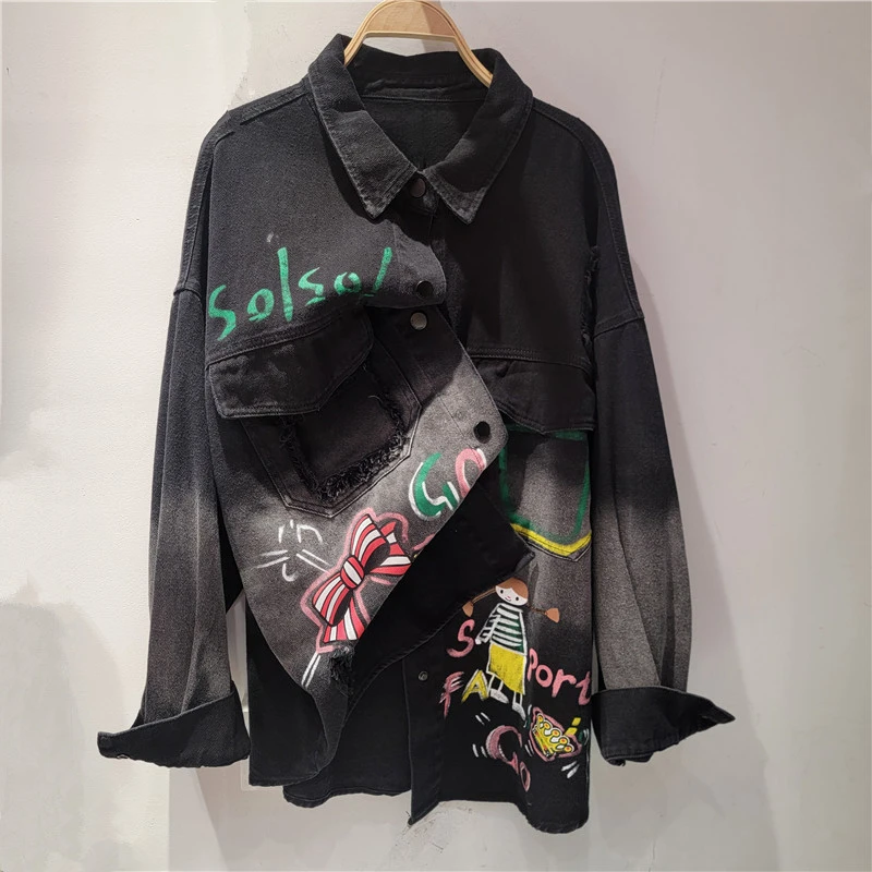 2024 Autumn New Trendy Brand Loose Women's Short Jacket Street Hipster Graffiti Printing Long-sleeved Shirt Denim Jacket