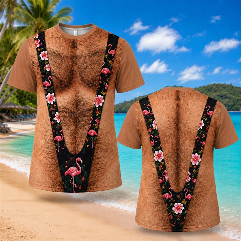 Novelty 3D Illusion Fake Body Print T‑Shirt Funny Hairy Chest Muscle Suit Graphic Short‑Sleeve Unisex Holiday Party Casual Tees