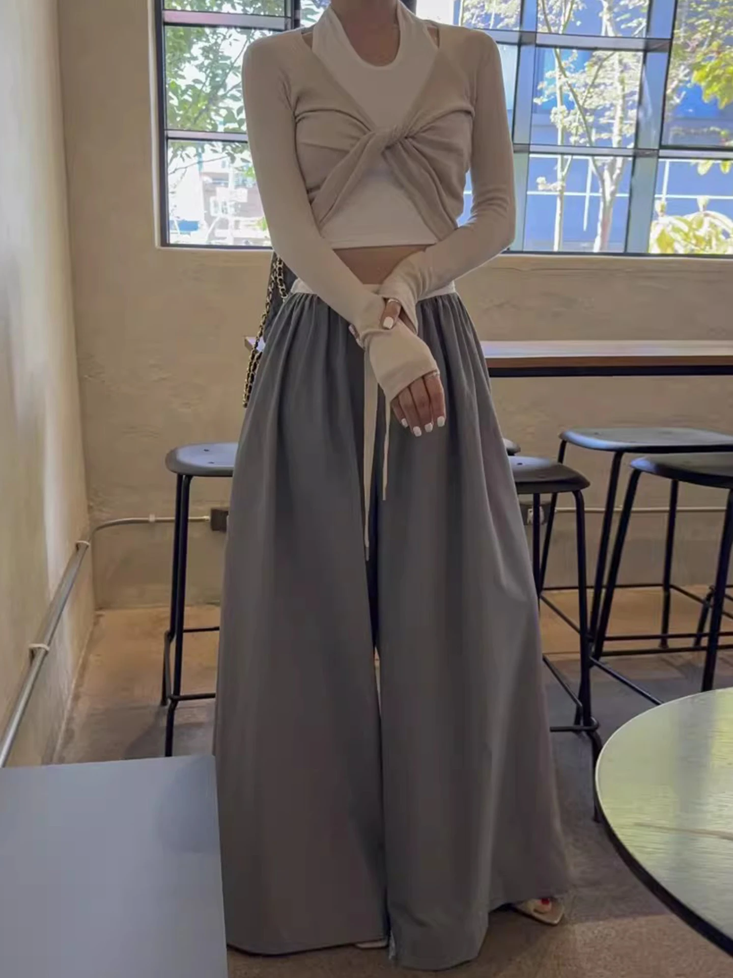 

Laid-ba Sle Color Elastic Waist Dstring Straight Leg Casual Pants Women's Early Spring New Loose Versatile Wide ...